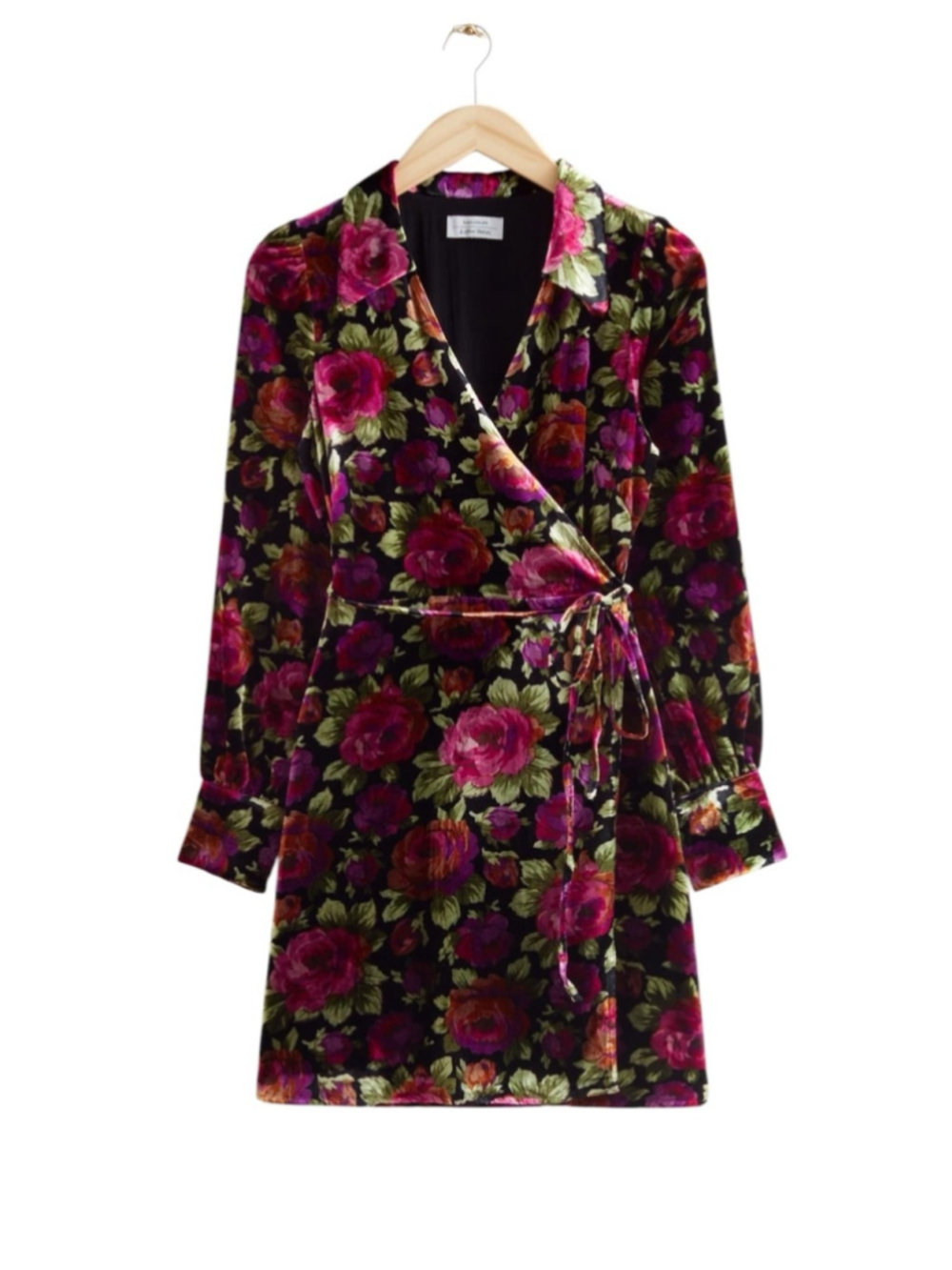 PARIS ATELIER & OTHER STORIES Women's Floral Velvet Wrap Mini Dress Black Pink